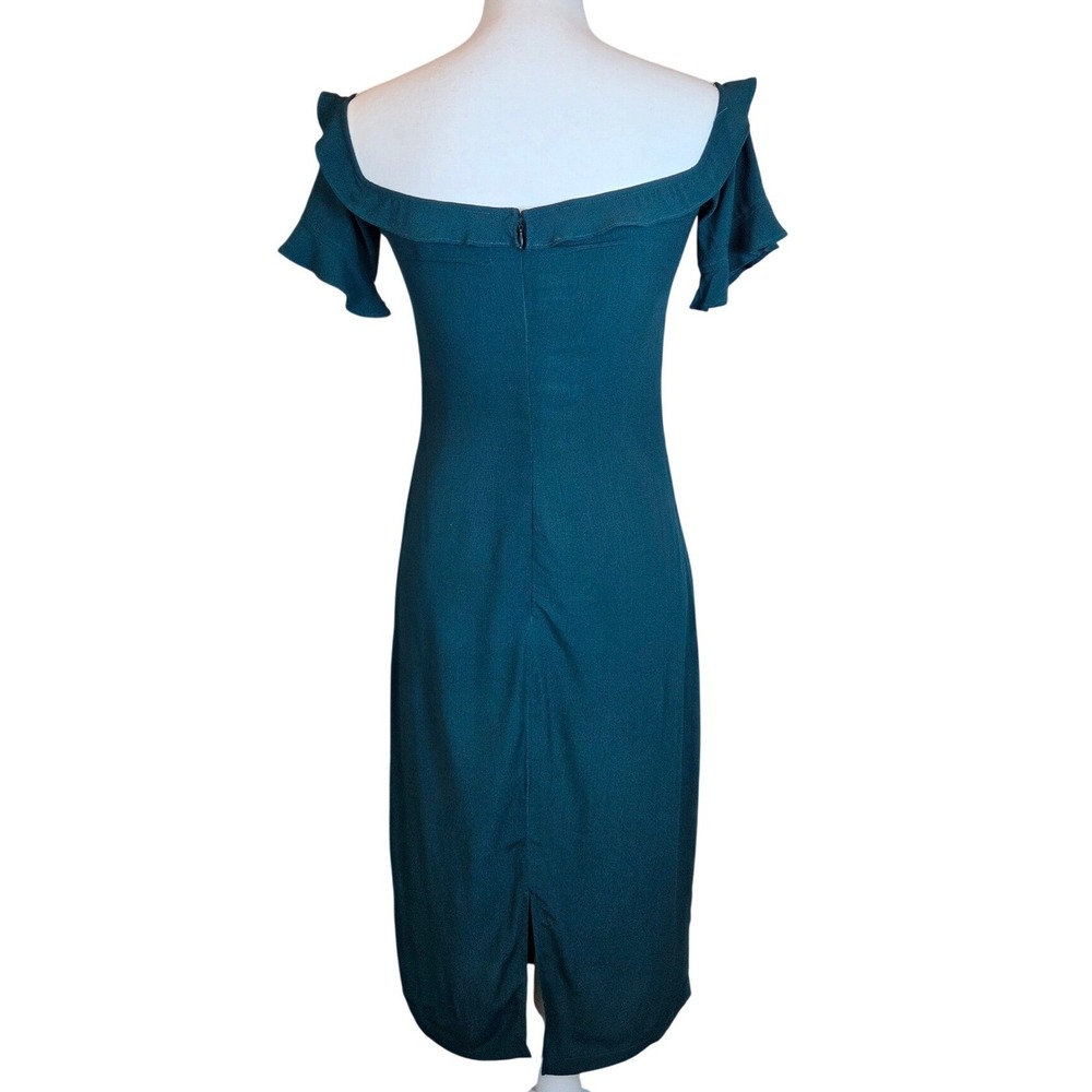 Reformation Antonia Teal Green Off Shoulder Ruffle Midi Dress Crepe Size 2-4 - Picture 7 of 8